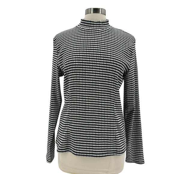 NLT Womens Large Top Mock Neck Textured Stripe Black White Long Sleeve - Picture 1 of 6